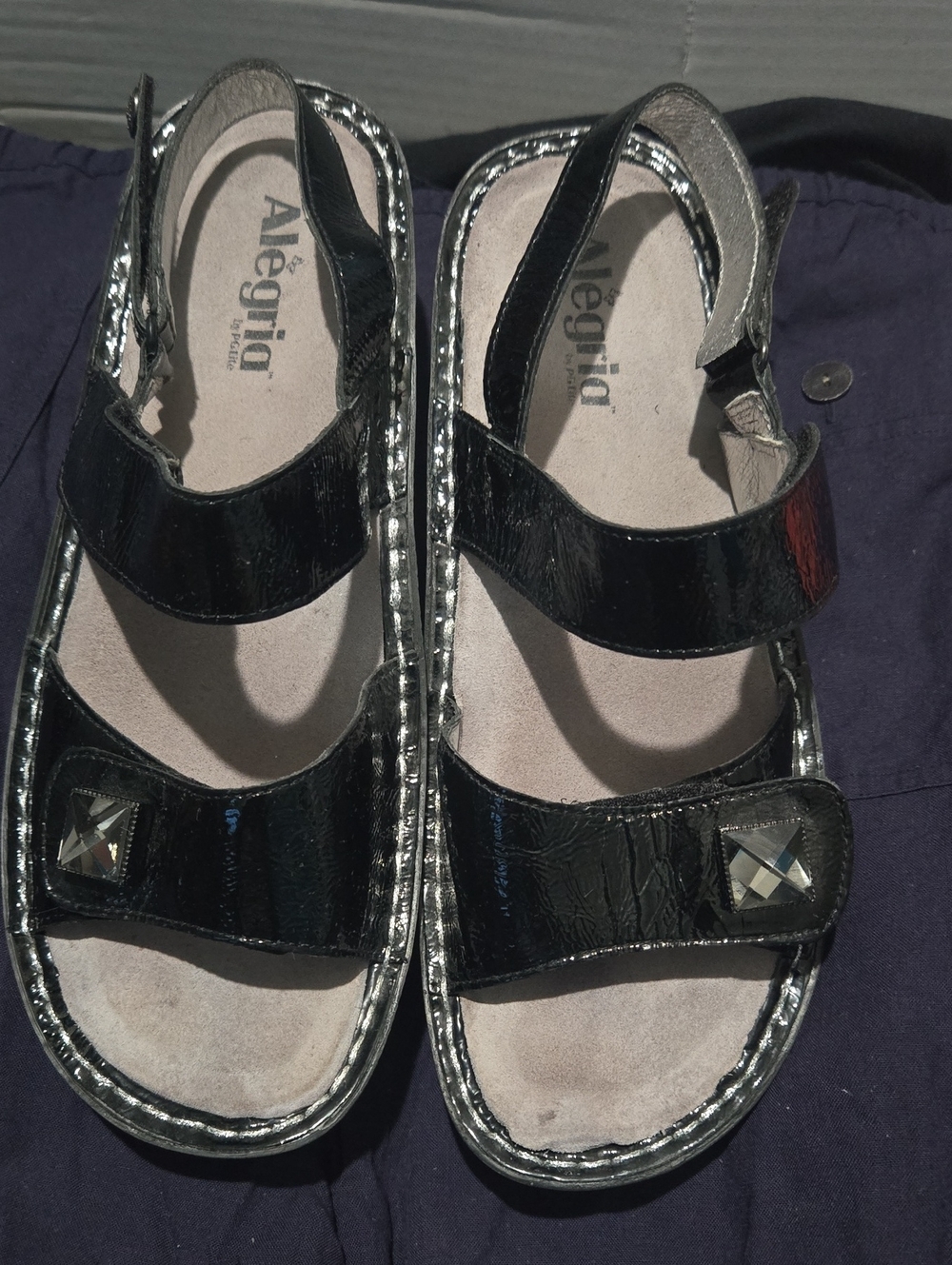 Alegria  Black Patent Double-Strap Sandals with Accent Studs
